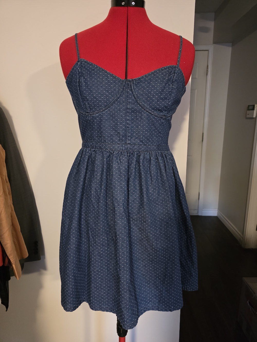 Free People Navy Polka-Dot Denim Bustier Sundress